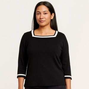 Ann Taylor Black White Stripe Square Neck Long Sleeve Sweater Medium